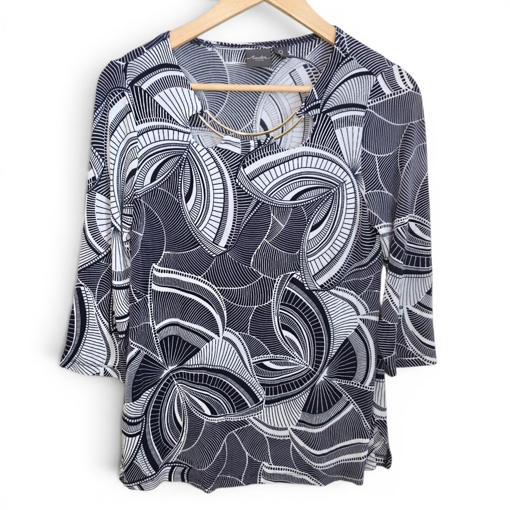 Chicos Travelers Top‎ Womens 0 US Small Blue Slinky Printed Scoop Neck Blouse